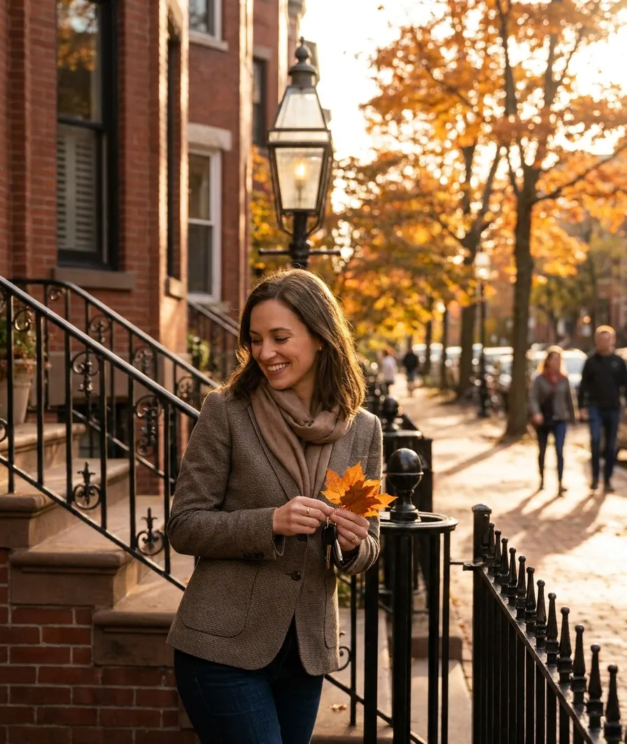 Young woman on the brownstone front stoop of her Back Bay Boston condo building with black iron railings and gas lamps, holding keys in autumn light