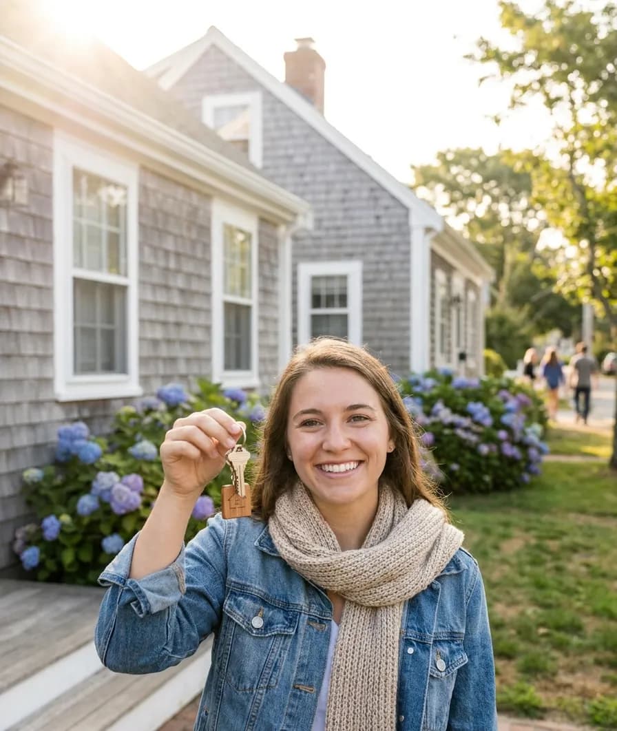 Young woman holding house keys on the porch of a gray-shingled Cape Cod style home with white trim and hydrangeas in a Massachusetts neighborhood