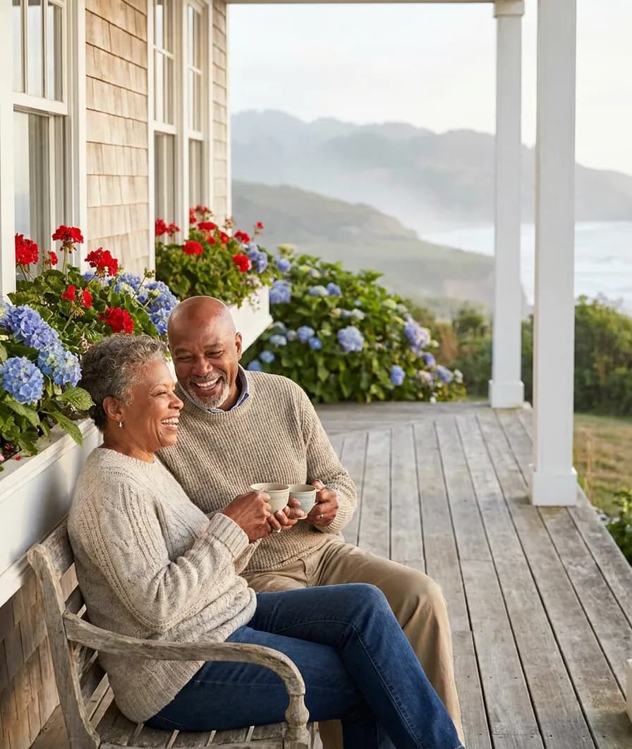 Happy retired couple in their late 60s sitting together with tea cups on the porch of their white Cape Cod home with cedar shingles and flower window boxes in soft morning light in coastal Massachusetts