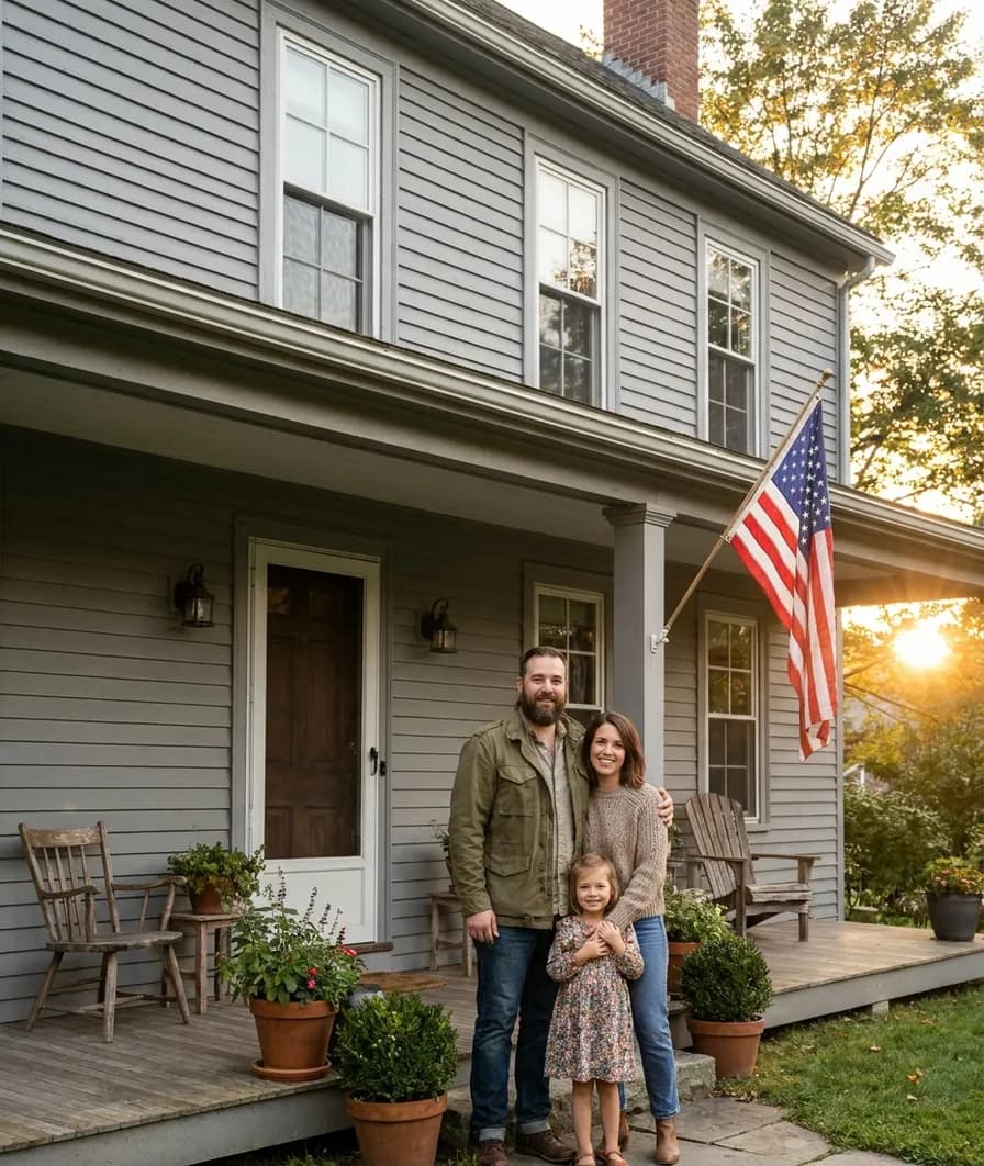 A veteran in his 30s in an olive field jacket standing with his wife and young daughter on the porch of their two-story New England gray clapboard home with an American flag
