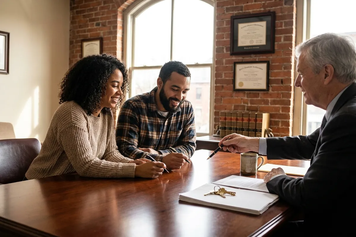 Couple signing closing documents with a real estate attorney in Massachusetts