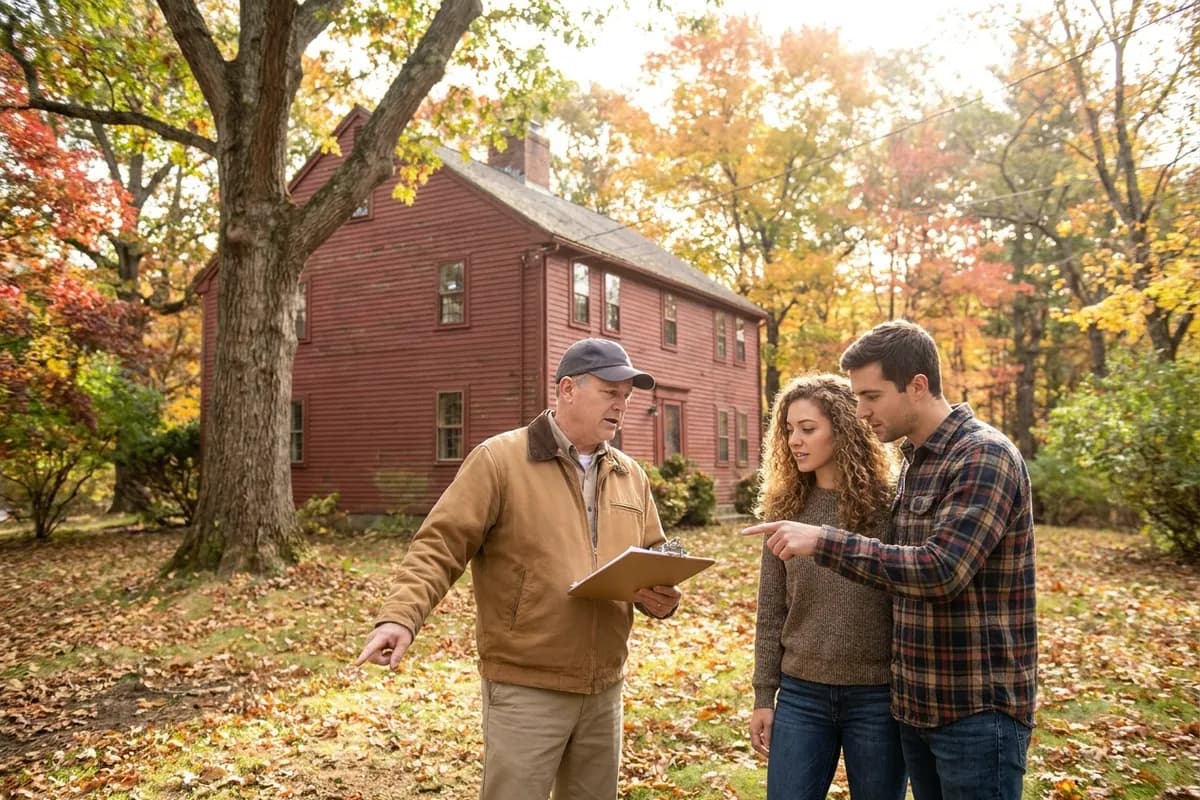 Home inspector walking a Massachusetts colonial's yard with a young couple