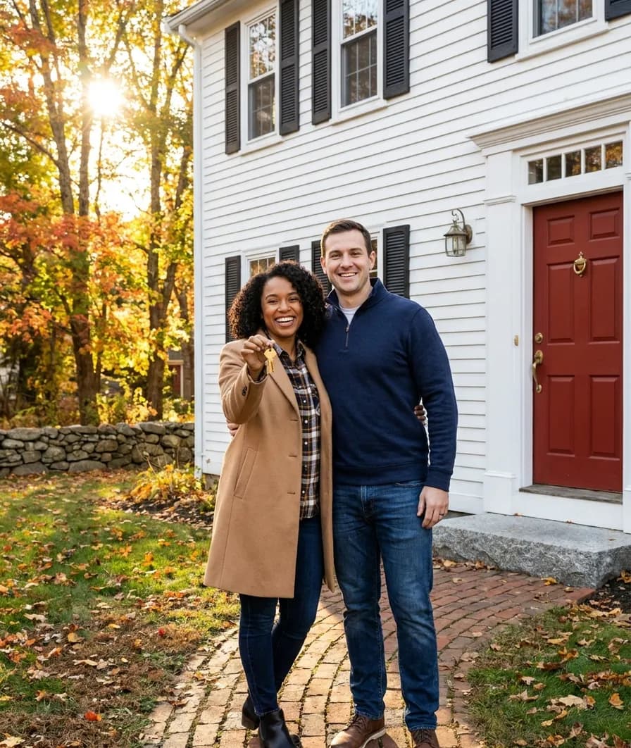 Massachusetts homebuyers holding up the keys to their new colonial home among fall maples