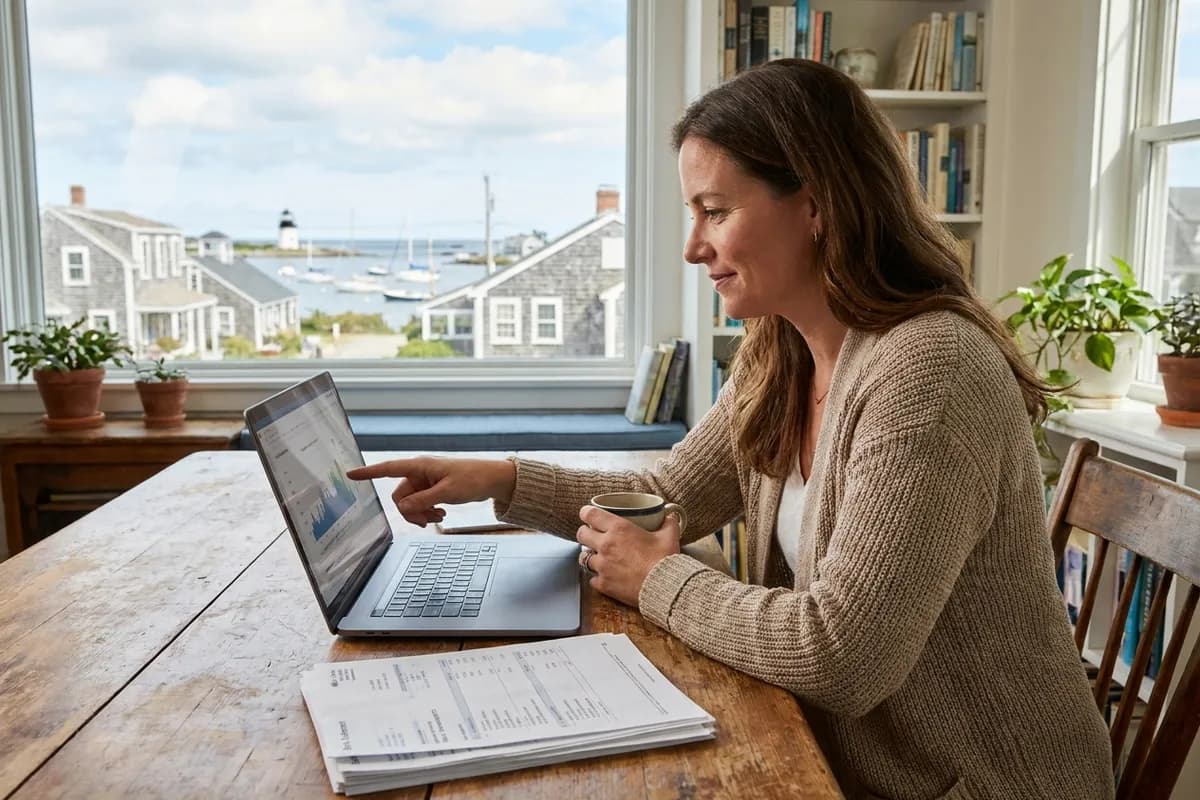 Self-employed Massachusetts business owner reviewing bank statements on a laptop