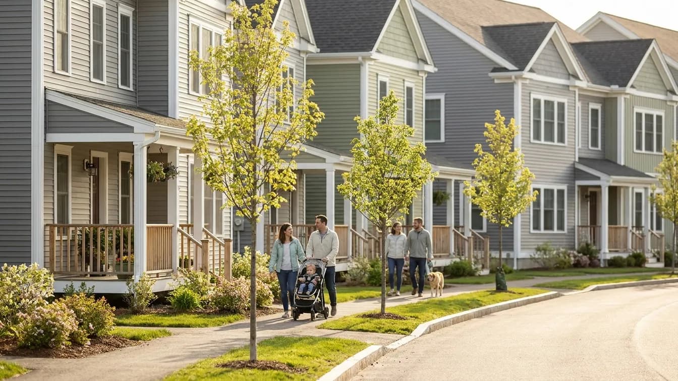New townhome development in a Massachusetts suburb with young trees and families walking on the sidewalk