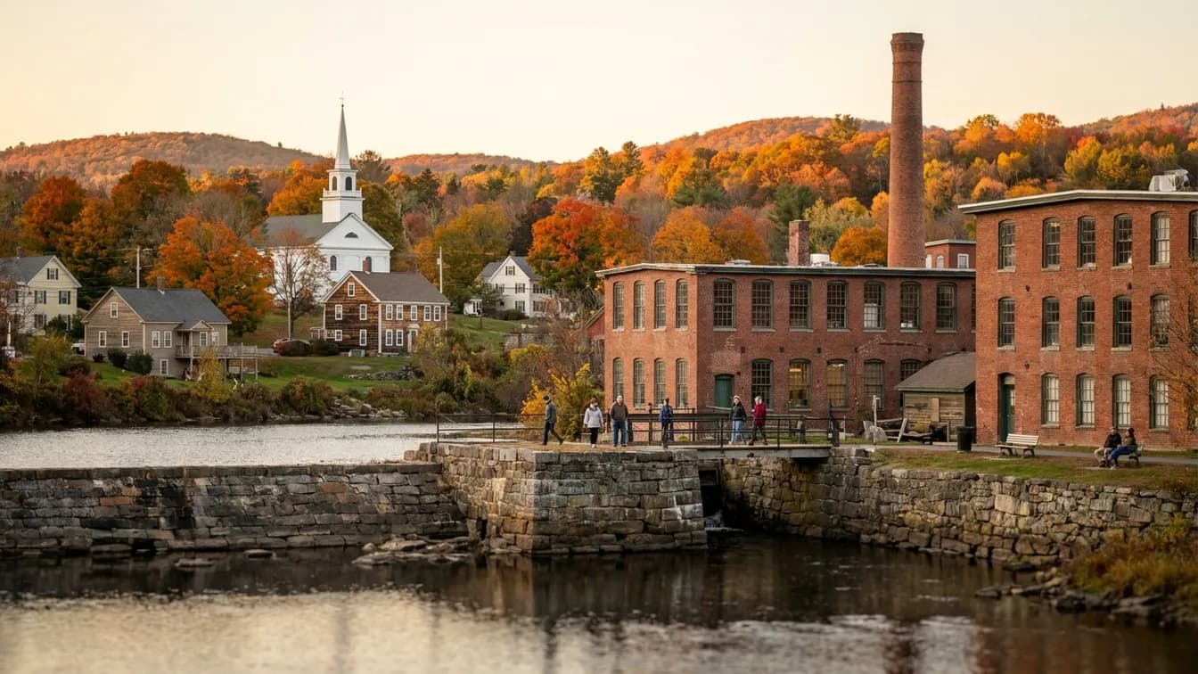 Small western Massachusetts mill town beside a river with brick mill buildings and colorful fall hills