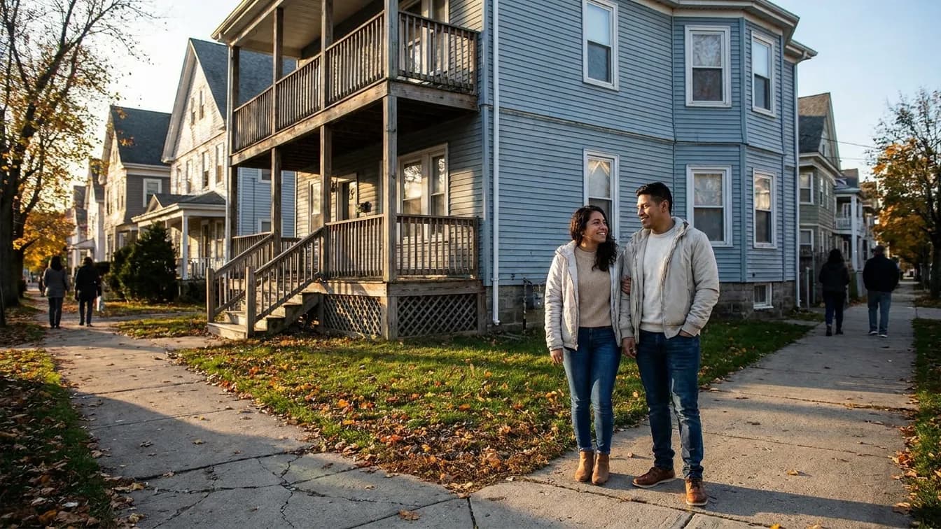Young Latino couple in their late twenties smiling in front of a two-family house in a Massachusetts city