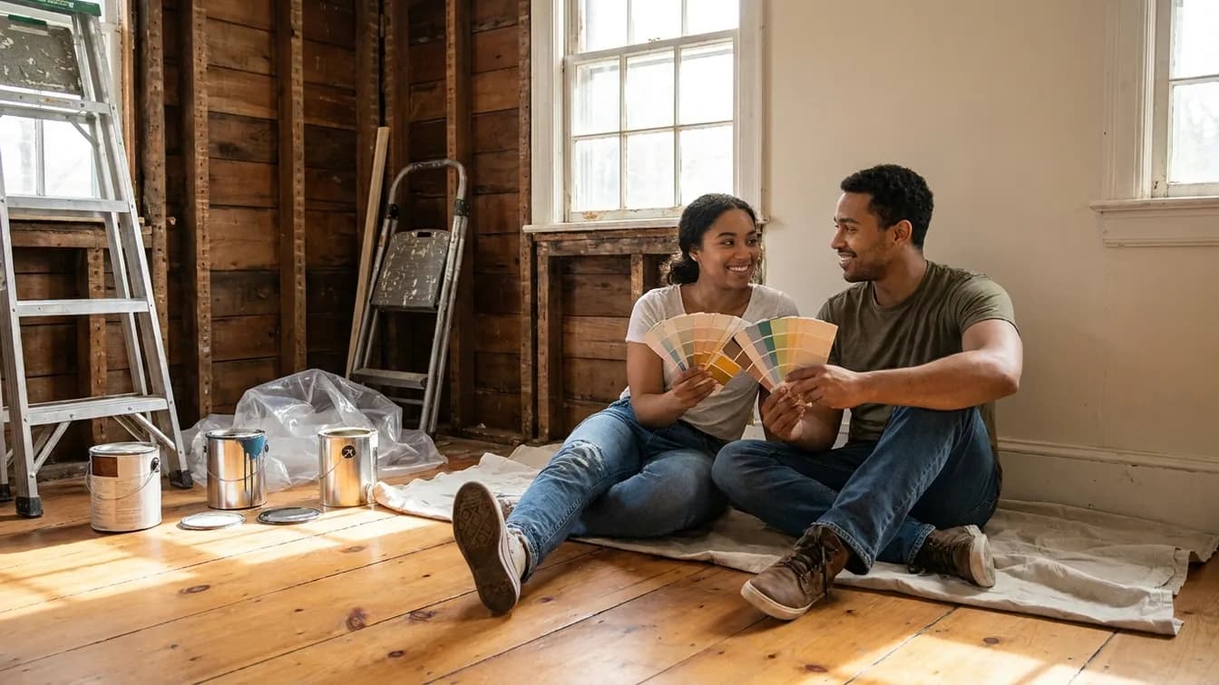 Young couple holding paint swatches in a half-renovated living room of an older colonial