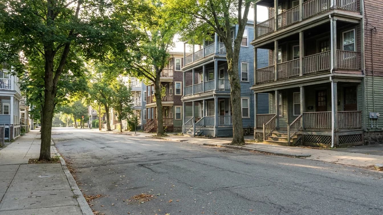 Row of two-family and three-family homes on a sunny Massachusetts city street