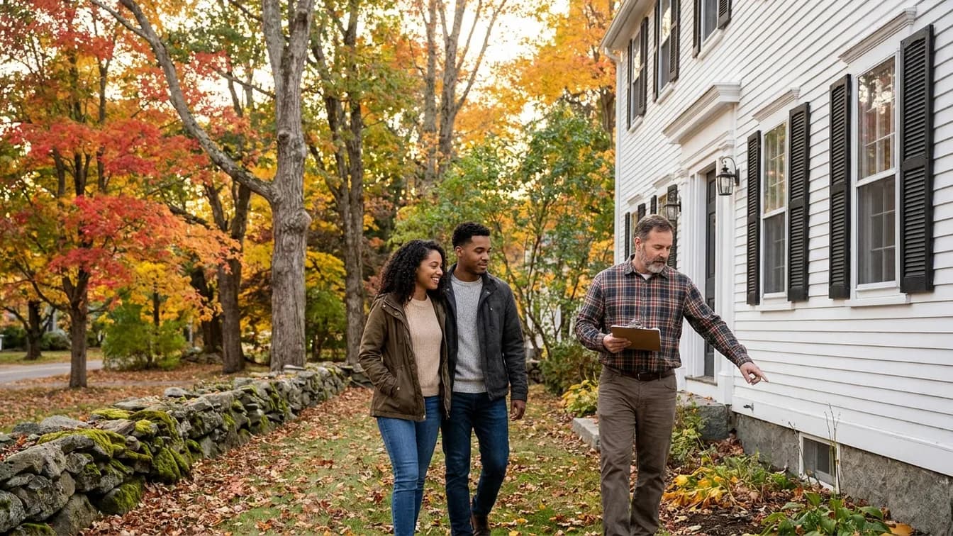 Home inspector walking a Massachusetts colonial's yard with a young couple in fall