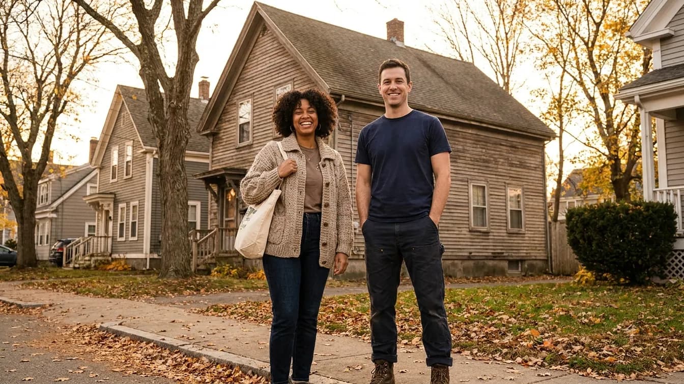 Massachusetts teacher and firefighter smiling together in front of a modest home on a city street