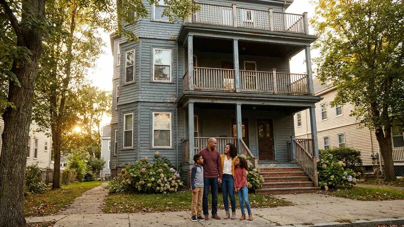 Family of four standing in front of a Massachusetts triple-decker home in warm early evening light