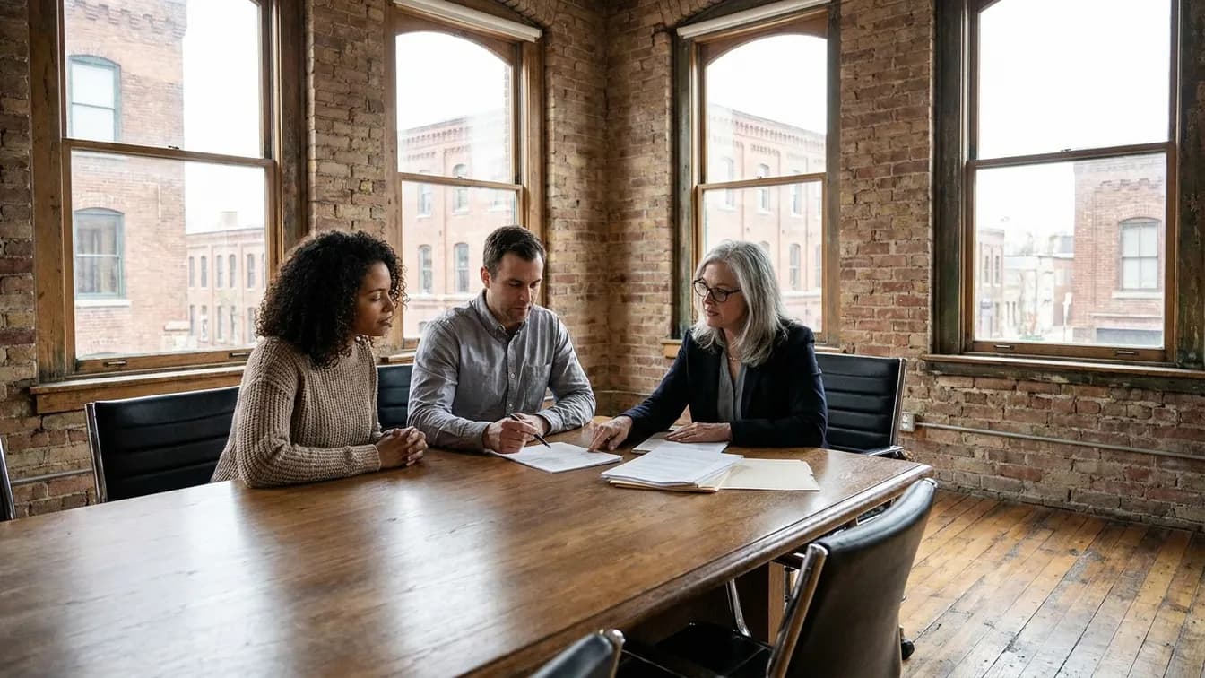A couple signs closing documents with a real estate attorney in a brick office