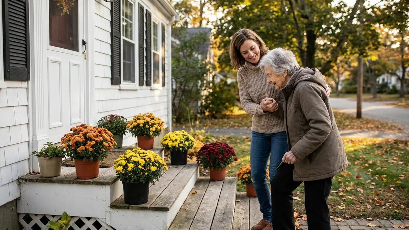 Adult daughter helping her elderly mother up the porch steps of a cozy Cape house in Massachusetts