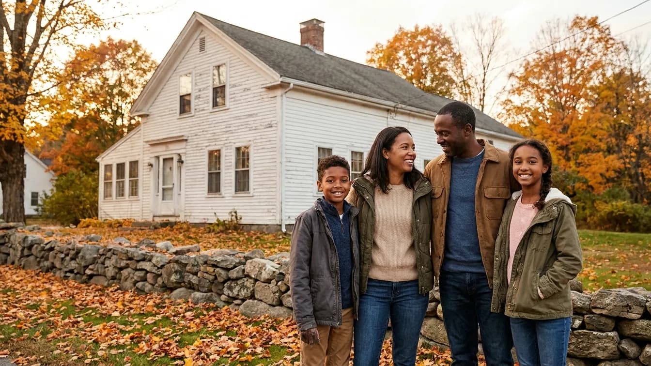 A family stands in front of their white farmhouse-style home beside a New England stone wall