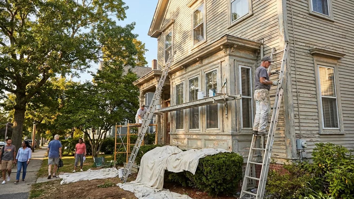 A painter on a ladder repaints an older Victorian home in Massachusetts on a sunny day