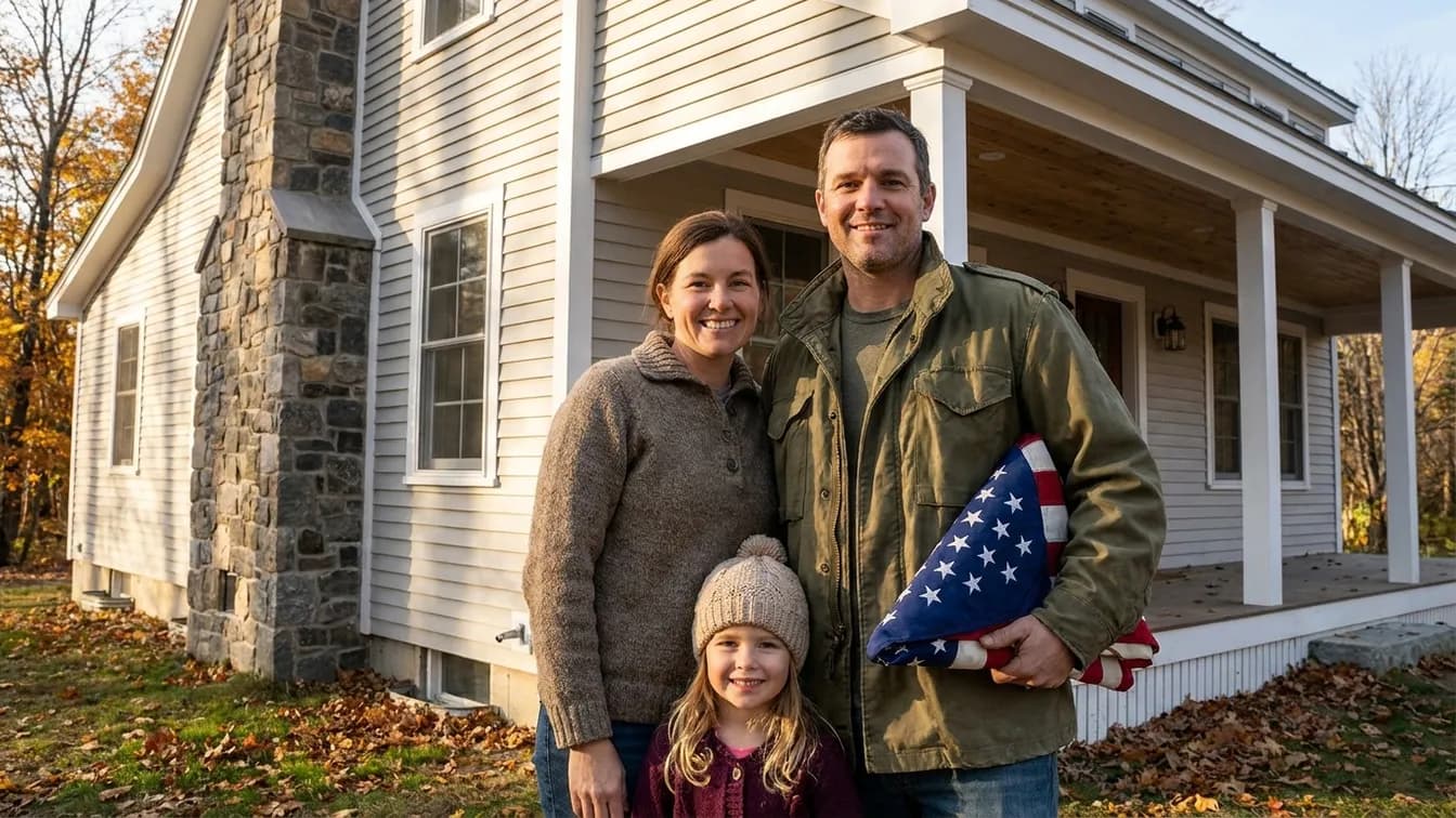 Veteran in an olive field jacket with his wife and daughter outside their new New England home with an American flag