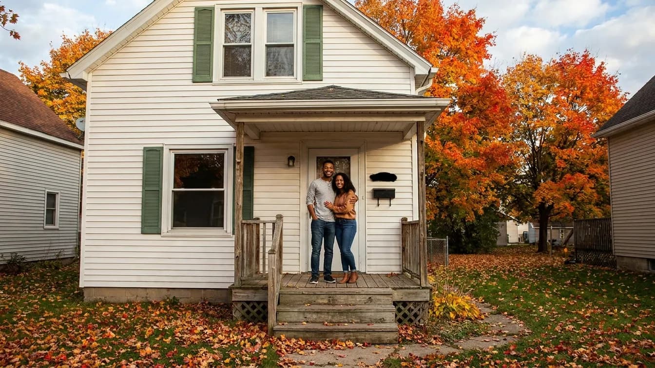 Smiling young couple on the porch of a white Massachusetts home amid fall foliage