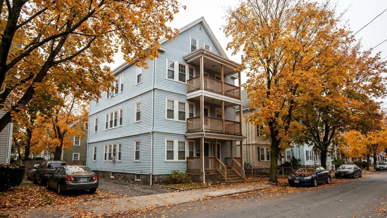 Pale blue triple-decker with stacked front porches on a tree-lined Somerville street in fall