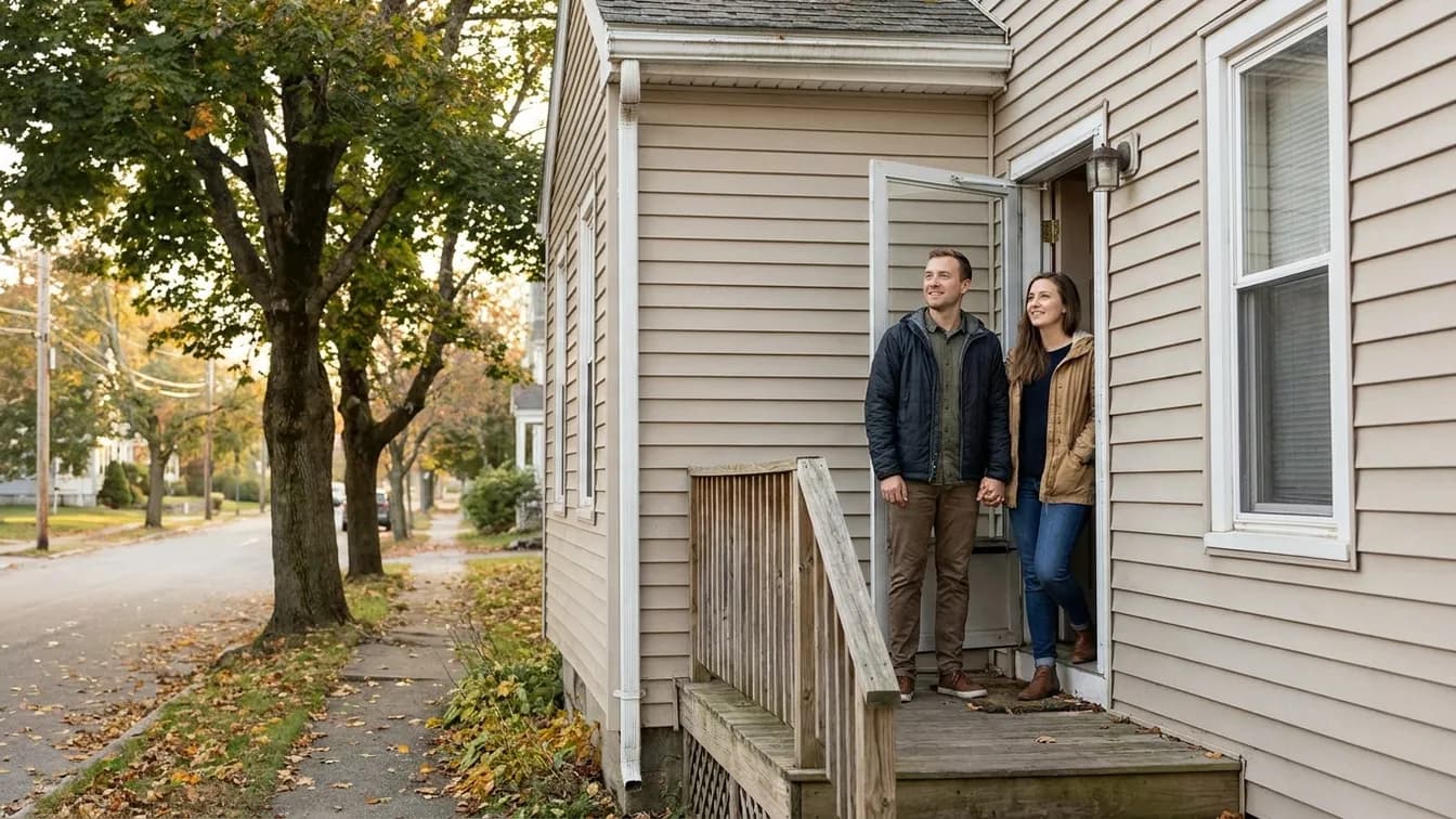Young couple standing hopefully in the doorway of a rented Massachusetts duplex in soft morning light