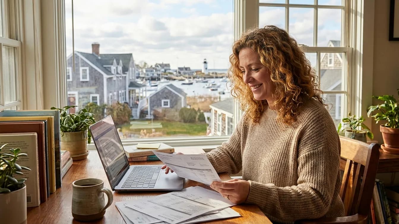 Self-employed woman reviewing bank statements on a laptop in a bright home office overlooking a coastal New England town