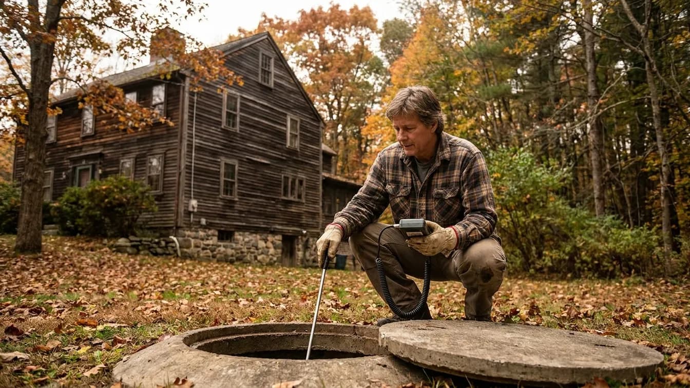 A septic inspector checks a system behind a Massachusetts colonial home in fall